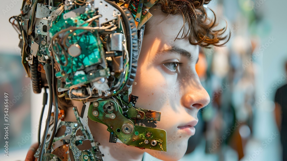 Poster futuristic cyborg portrait showcasing technology integration. humanoid robot with electronic circuit