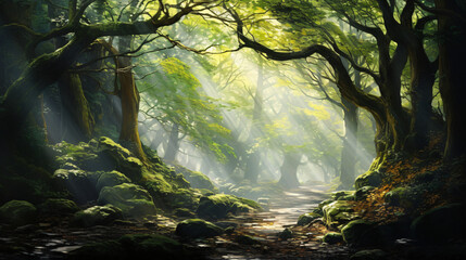 Ethereal Forest Trees Whisper Secrets in Dappled Light