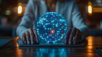 Businessman presenting futuristic business world metaverse graphic. In the form of innovation in digital business processing technology, innovation of the 21st century	