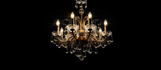A chandelier hangs from the ceiling in a dimly lit room, casting a soft glow across the space. The intricate design of the chandelier contrasts with the darkness of the room.