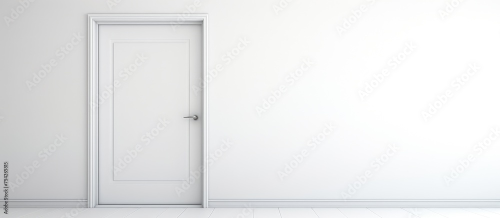 Poster an empty room with a white door placed in the center of the back wall, creating a focal point in the