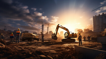 Excavator and Workers Working on Construction Site a