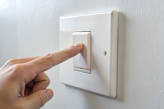A close-up of a person's hand turning off a light switch to conserve energy. Environment and earth day concept 