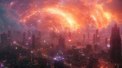 Fiery tunnel and puffs of black smoke illuminated by neon over a futuristic cityscape