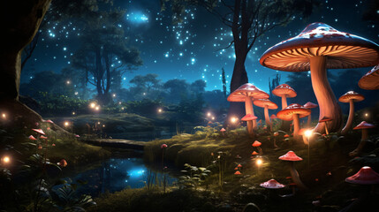 Fairy Ring Toadstools Glow in Moonlit Glade .. - obrazy, fototapety, plakaty