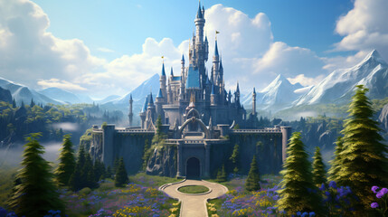 Fairy Tale Castle Majestic Fortress in Magical Kingdom - obrazy, fototapety, plakaty