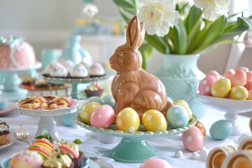 Fototapeta na wymiar A Festive Easter Morning Feast with a Charming Chocolate Bunny and an Array of Spring Pastries