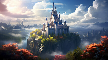 Fantasy Castle  Enchanted Castle atop Rolling Hills . - obrazy, fototapety, plakaty