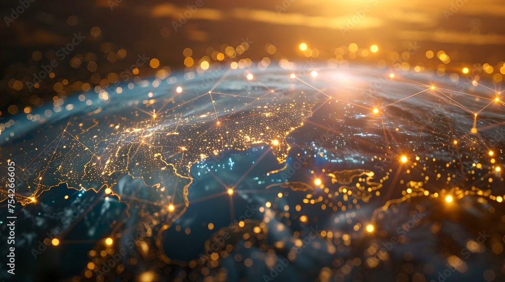 Poster illuminated network nodes and connections around globe. digital communication, global business, data