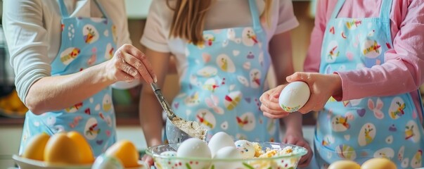 Easter Baking Fun: Relatives United in the Kitchen Wearing Their Festive Bunny and Egg-Themed Aprons