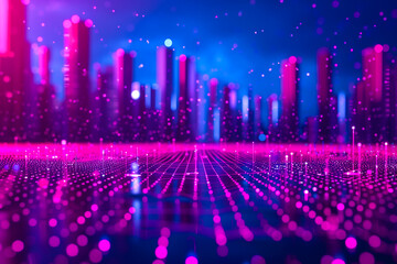 Digital city, cyberspace world, cityscape with neon colors, futuristic technology concept