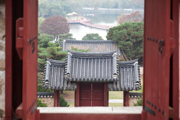 View of the traditional gate at the Korean temple in autumn