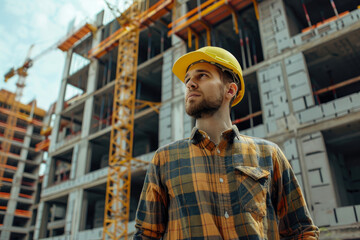 male builder in a helmet and uniform against the background of building a house