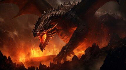 Fire breathes explode from a giant dragon in a black n