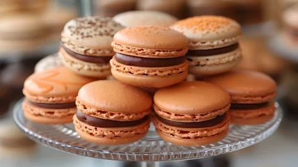 Zelfklevend Fotobehang Assorted colorful french macarons on a glass stand. delicious pastry for dessert. ideal for parties and cafes. perfect for confectionery themes. AI © Irina Ukrainets