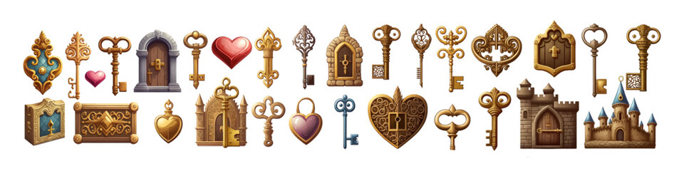 Antique keys illustration. Old metal key collection.