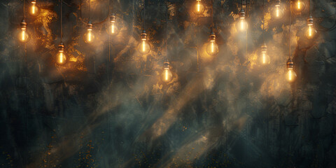 Hanging light bulbs on a brick wall creating a warm and cozy atmosphere