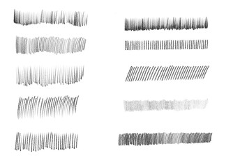Set of black hand drawn strokes, strikethrough, brushes. Scratchy strokes. Transparent background. Charcoal and pencil style.  - obrazy, fototapety, plakaty