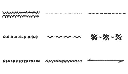 Set of black hand drawn strokes, brushes, underlines, line, decoration elements, ornament, border lines. Scribbles, pencil strokes, drawing dividers. Pencil style, handwritten, handmade, doodle.