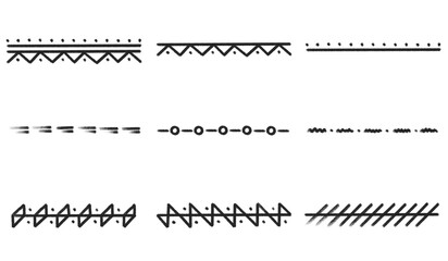 Set of black hand drawn decorations, brushes, underlines, line, ornament. Scribbles, pencil strokes, drawing dividers. Pencil style, handwritten, handmade, doodle.