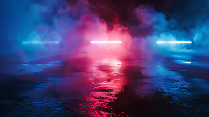 Futuristic Neon Highway in Misty Atmosphere
. A visual concept of a futuristic highway enveloped in mist with neon lights reflecting off the wet ground.
