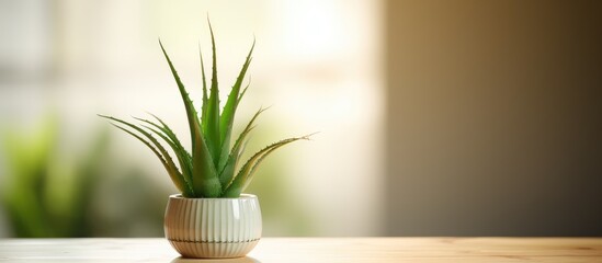 A potted aloe vera plant is placed on top of a wooden table, serving as a decorative element indoors. The textured leaves of the aloe vera stand out against the blurred background.