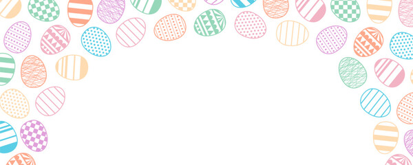 Painted Easter eggs frame, border with copy space on transparent. Line art style vector design. Easter holiday seasonal card, banner, poster, element, background