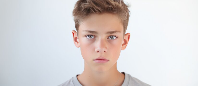 A Caucasian teenage boy, with a messy top knot hairstyle, gazes directly at the camera in a close-up emotional portrait. The young man appears focused and present, his eyes locked on the viewer.