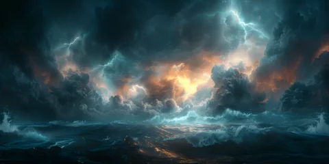 Foto op Plexiglas Natural disasters storms thunderstorms landscape  The storm on the ocean wallpaper dark ocean at night with stormy clouds over them © Hafiz