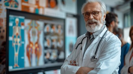 An informative seminar in which a healthcare professional doctor presents information using visual aids for other doctors