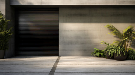 Garage entrance with metal shutter and concrete wall. - obrazy, fototapety, plakaty