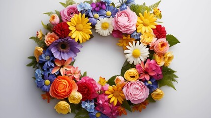 Wreath composed of an array of vibrant flowers.