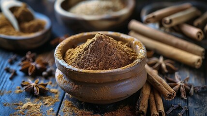Aromatic cinnamon powder and sticks with star anise on rustic wooden background