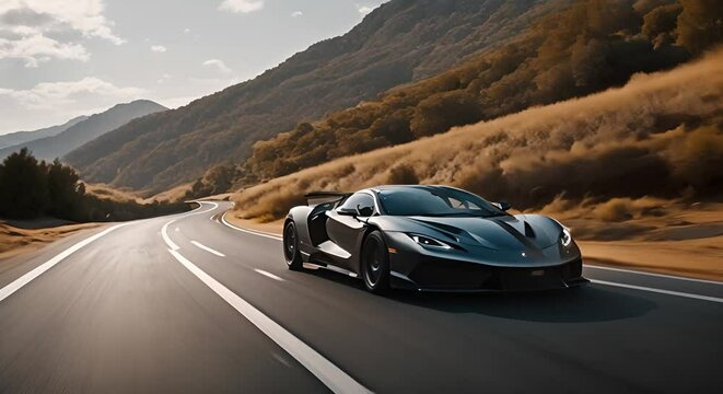 Supercar goes on the road in the mountains. AI generative.
