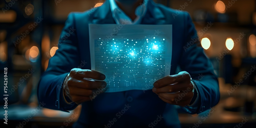 Poster businessman using dms clicks protected document key symbolizes users access rights. concept business