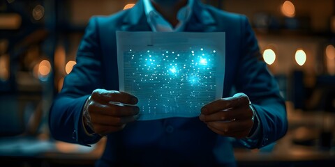 Businessman using DMS clicks protected document key symbolizes users access rights. Concept Business Data Security, Document Management System, Access Rights, Confidential Information, Cybersecurity