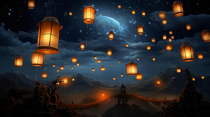 Glowing Lanterns  Illuminated lanterns suspended in n