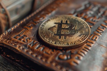 a unique image of a bitcoin coin in a leather wallet, which is in the hands of a man. Bitcoin coin glows. isolated image on a light background.