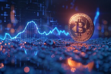 a blue neon graph moving upward, and in the foreground a golden glowing Bitcoin coin. Neon style scene with dark background.