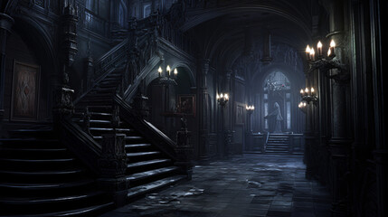 Gothic Manor  Ghostly Residents Haunt Darkened Hallwa - obrazy, fototapety, plakaty