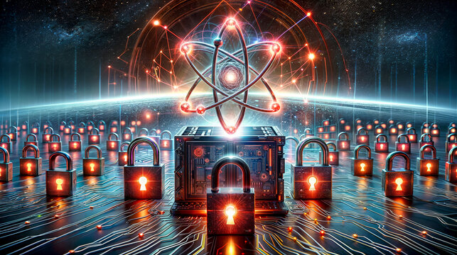 Quantum proof cybersecurity concept. Quantum computer linked with glowing padlocks on circuit board, under cosmic background, symbolizing advanced cybersecurity and data encryption.