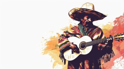 Stylized illustration of a Mexican musician in a sombrero playing the guitar, set against a colorful, textured background.