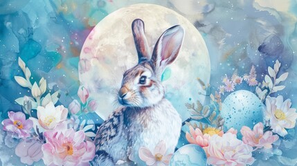 Detailed artwork of a rabbit with Easter eggs under a full moon, surrounded by spring flowers, blending fantasy with reality.