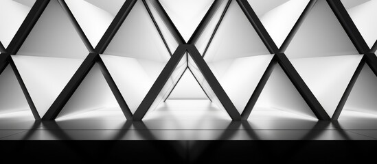 The black and white building features a unique triangular prism architectural design, showcasing the future of urban architecture. The contrasting colors create a striking visual impact. - obrazy, fototapety, plakaty