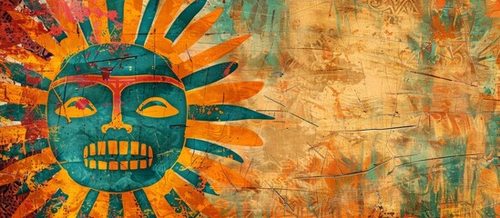 Obraz na płótnie Canvas Ancient sun symbol on a grunge-style textured background with vivid colors, representing Mexican heritage and mythology.