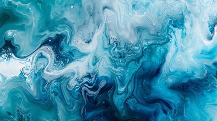 Abstract fluid art with swirling patterns of blue and gold, resembling ocean waves and sandy shores. - obrazy, fototapety, plakaty