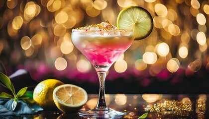 Cosmo Couture: Elevate the Cosmopolitan to haute couture status with a visually stunning presentation, featuring edible gold leaf accents, designer-inspired garnishes, and served in a crystal glass - obrazy, fototapety, plakaty