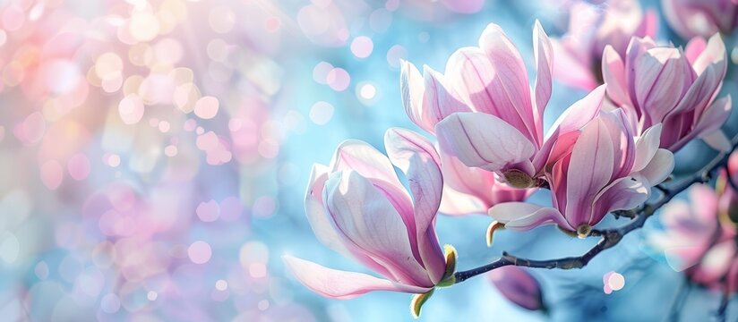 Delicate pink magnolia flowers in bloom, soft focus background with light bokeh, symbolizing spring and renewal.