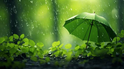 Küchenrückwand glas motiv Green nature background with rain and an umbrella. .. © khan