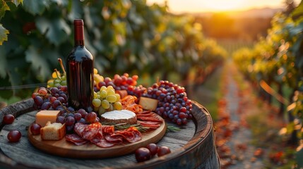 Wine, grapes, cheese, and meat displayed on a wooden barrel in a vineyard